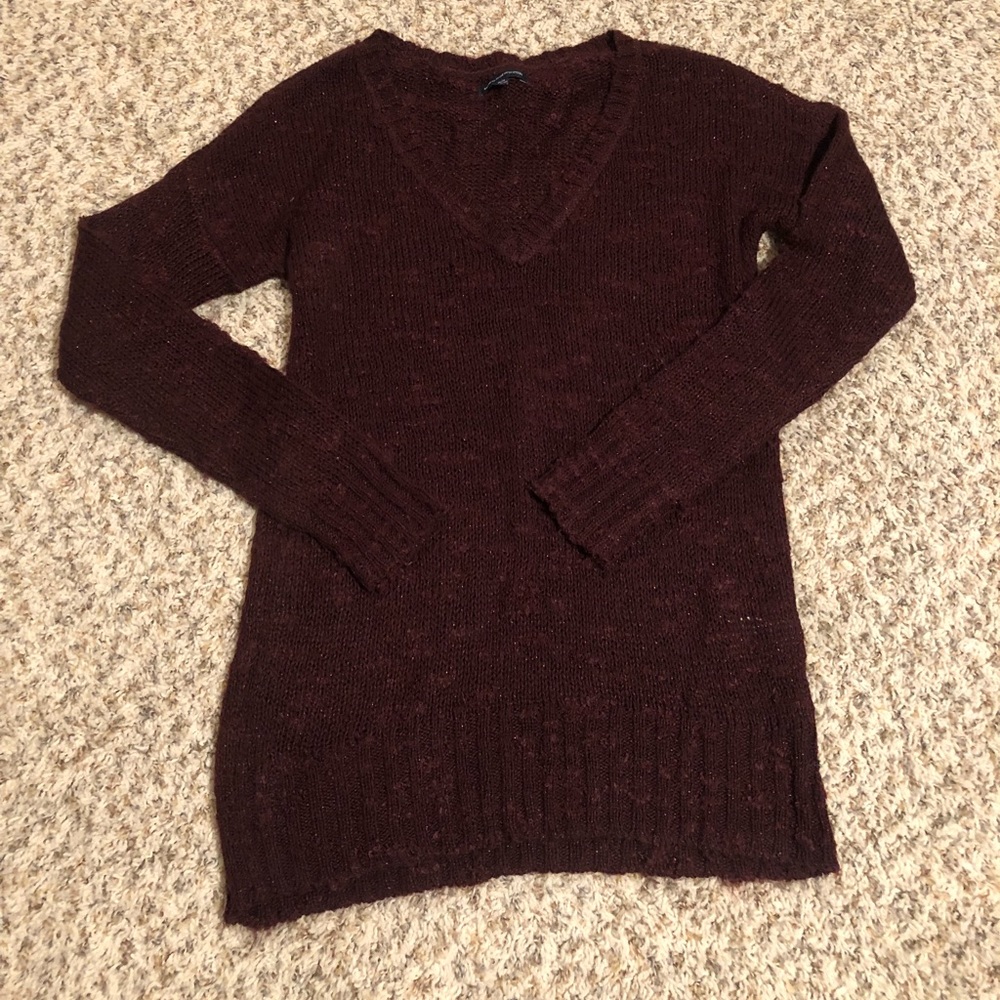 Maroon burgundy marled AE V neck sweater